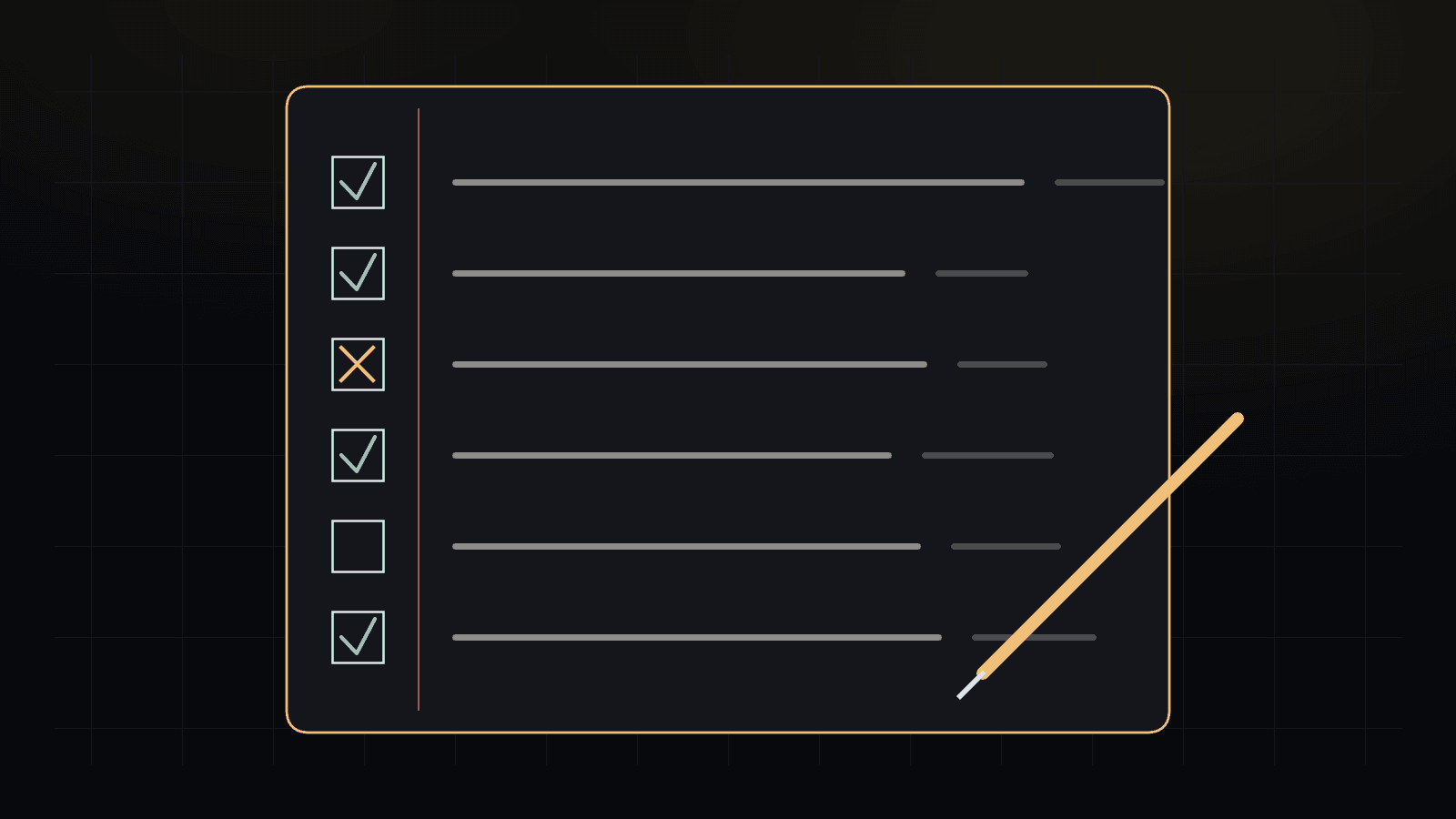 Illustration of a dark ledger page with six checklist rows, most marked with green checks, one with a coral X, and one left empty, with a gold pen resting at the bottom. There is no readable text.