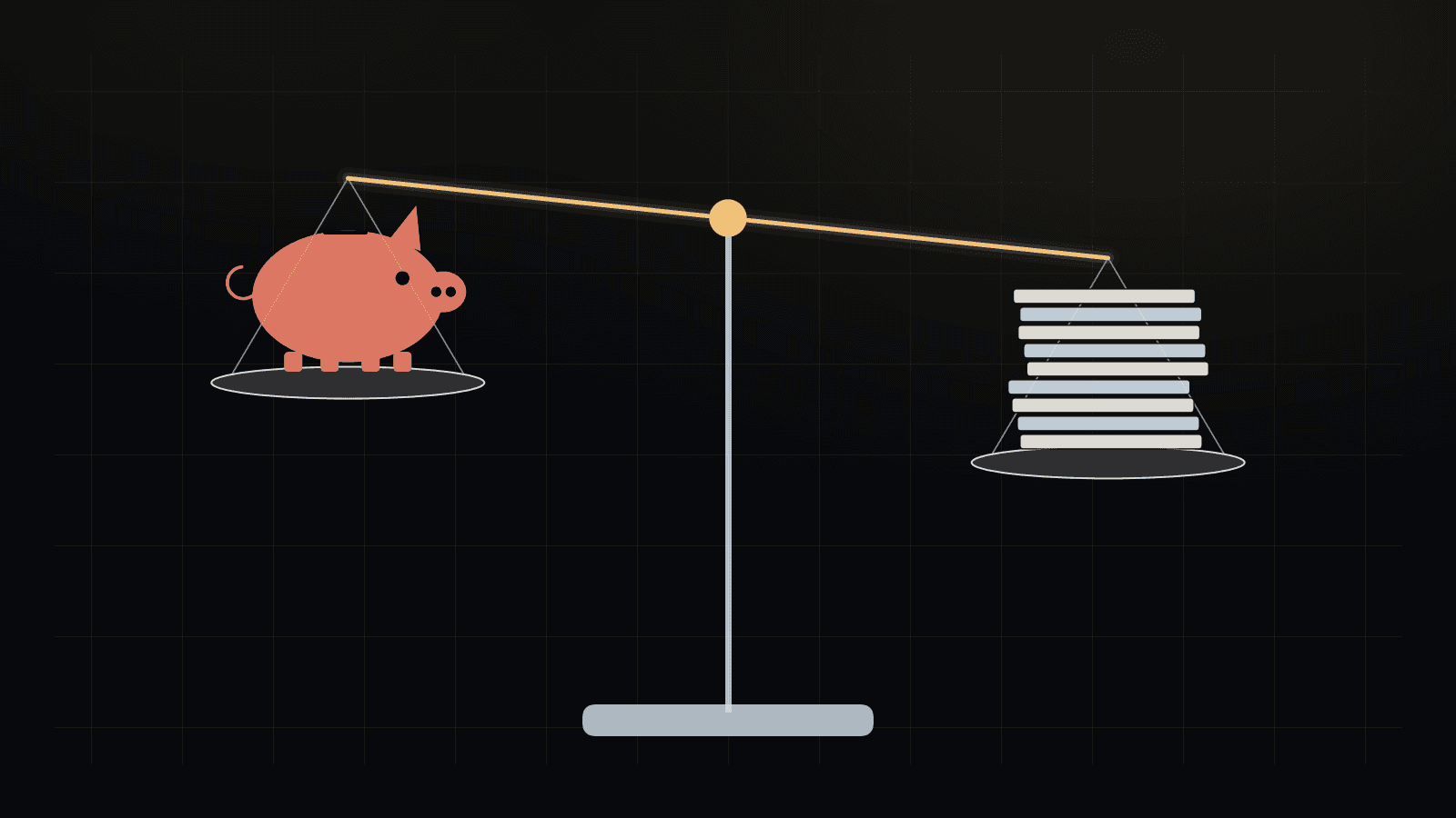 Abstract illustration on a dark background. A balance scale holds a coral piggy bank on one pan and a stack of blank slips on the other, and the side with the slips sits lower. No text, logos, or people.
