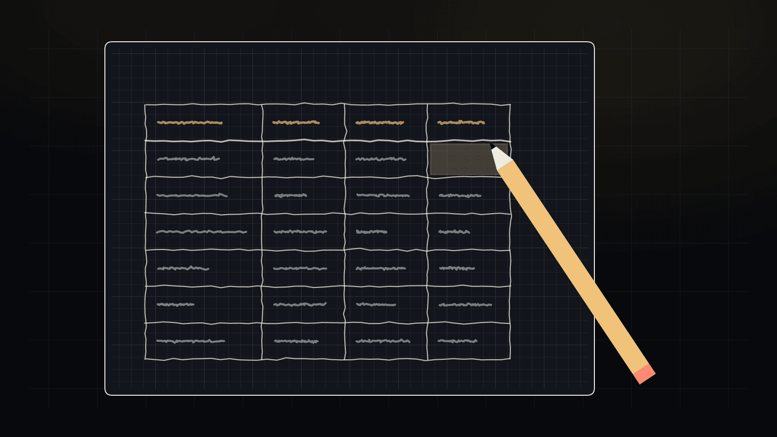 Abstract illustration on a dark background. A hand-drawn table on graph paper has rows of short pencil marks and one empty cell highlighted in gold, with a pencil resting beside it. No text, logos, or people.