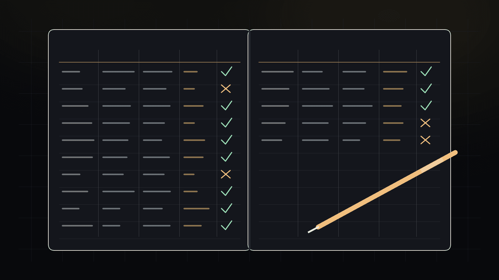 Abstract illustration on a dark background. An open two-page notebook is ruled into clean columns, each row filled with short bars and ending in a mint check or coral x, and a gold pen rests diagonally across the right page. No text, logos, or people.