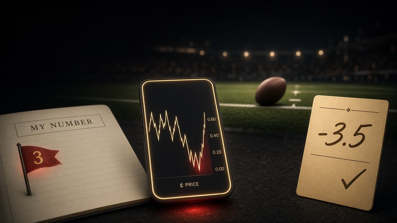 A blank 'My Number' betting notebook with a red flag, a swinging price chart, a ball stopped an inch short of the goal line, and a gold -3.5 card.