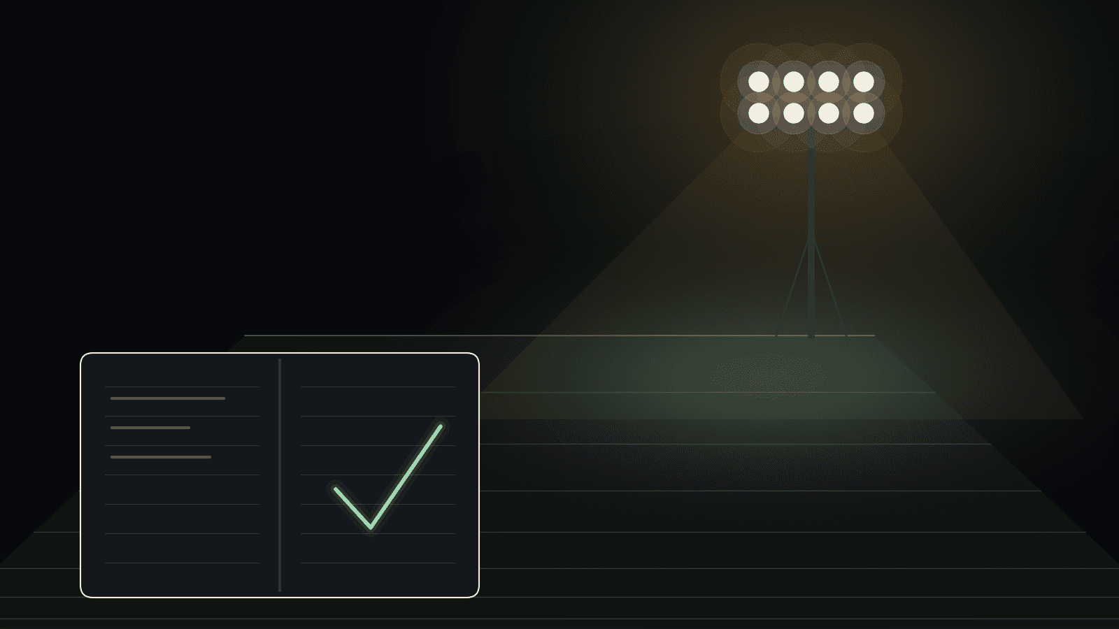 Abstract night scene on a dark background. A single stadium light tower glows over an empty field marked with faint yard lines, and an open notebook in the foreground shows a mint check mark. No text, logos, or people.