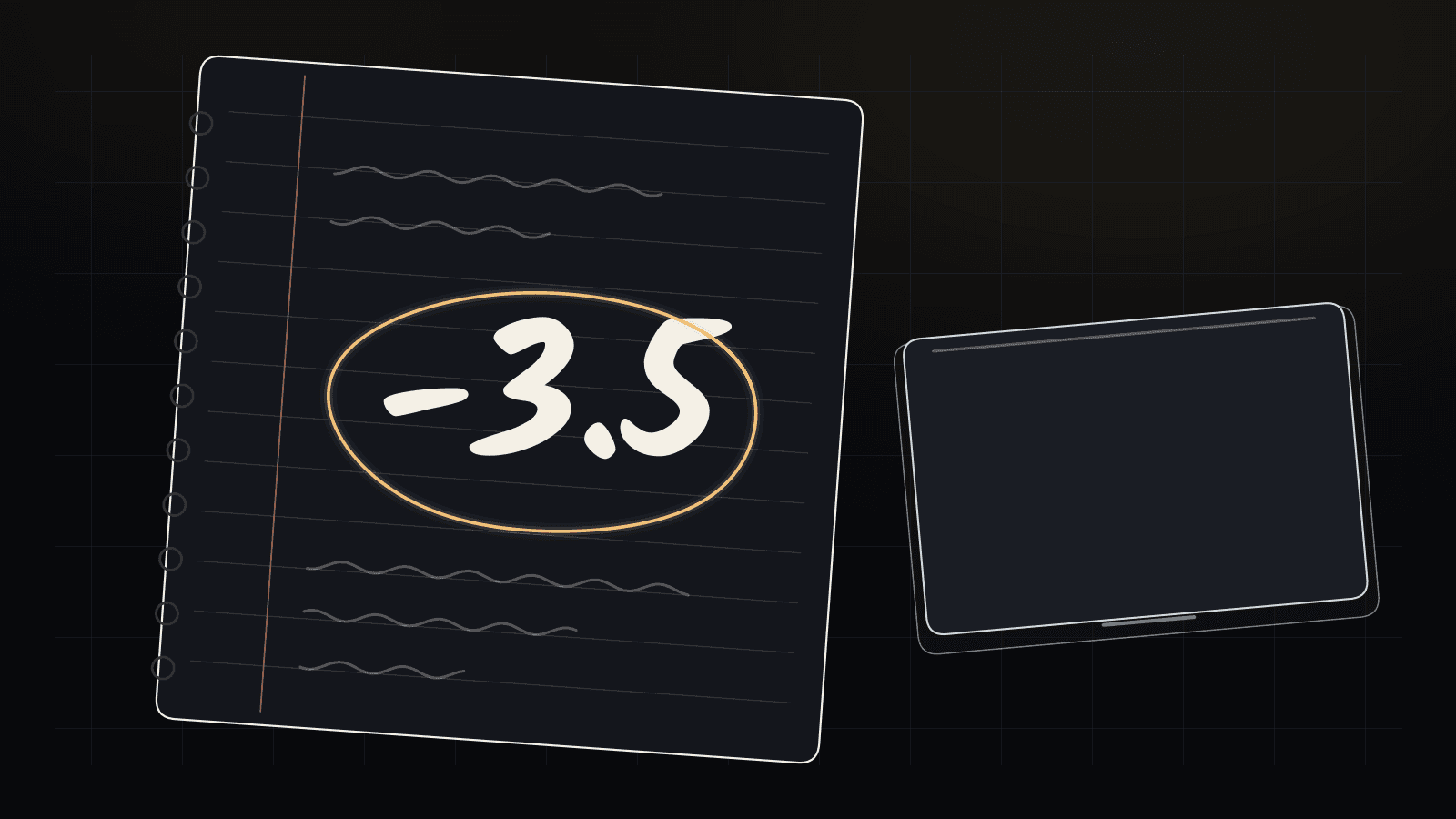 Abstract illustration on a dark background. An open notebook page with faint ruled lines shows a handwritten-style -3.5 circled in gold, next to a closed laptop with a blank lid. No logos or text other than the number.